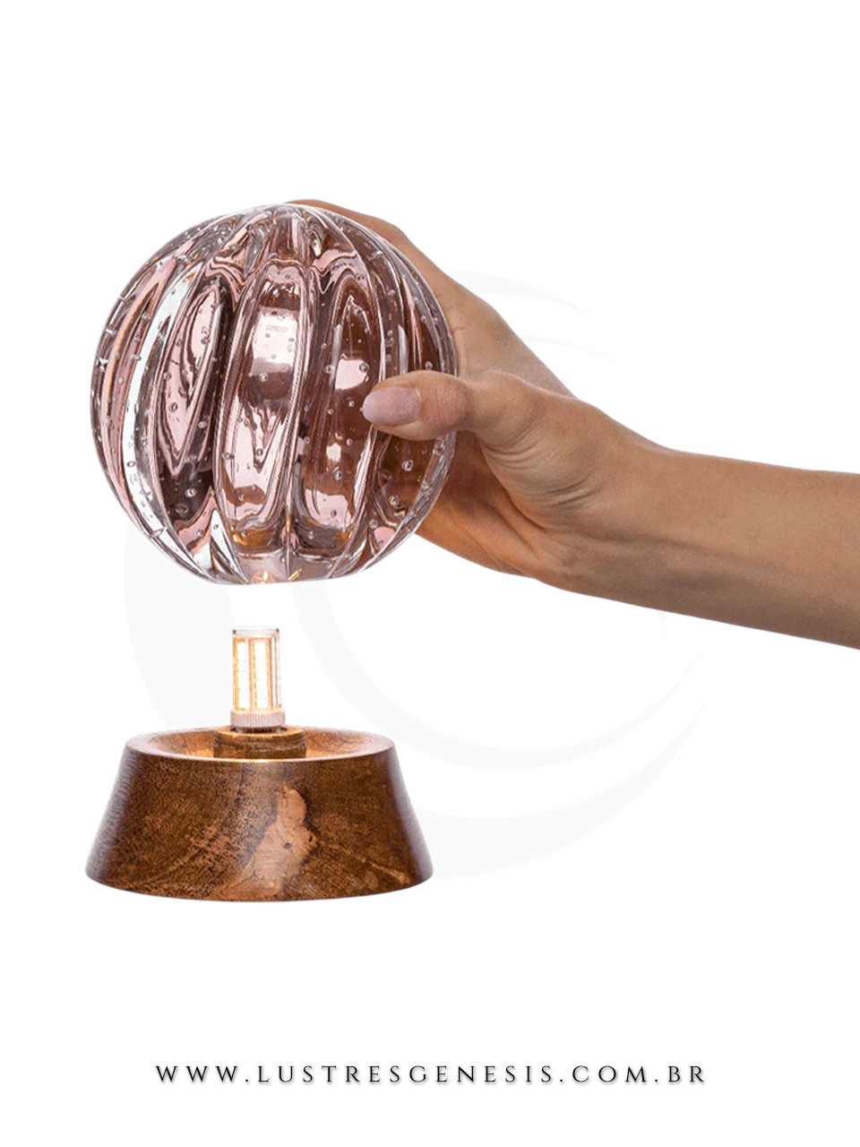 Abajur de Mesa Esfera Dear Murano Aquamarine Base Madeira Para Quarto Sala Cabeceira Iluminacao Decorativa